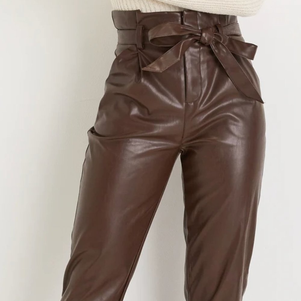 Brown Vegan Leather Paperbag Waist Trousers